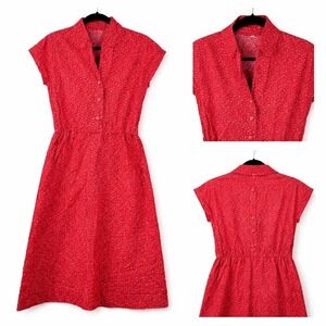 Handmade Red Floral Mini Dress Women M Cottagecore Elastic Waist Button Front...